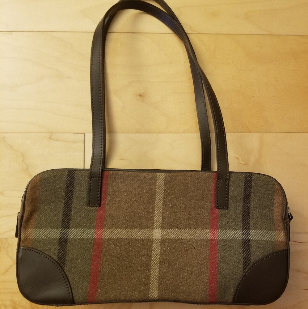 Ann Taylor Purse Plaid Wool Handbag with Leather Straps, Zipper and inner pocket